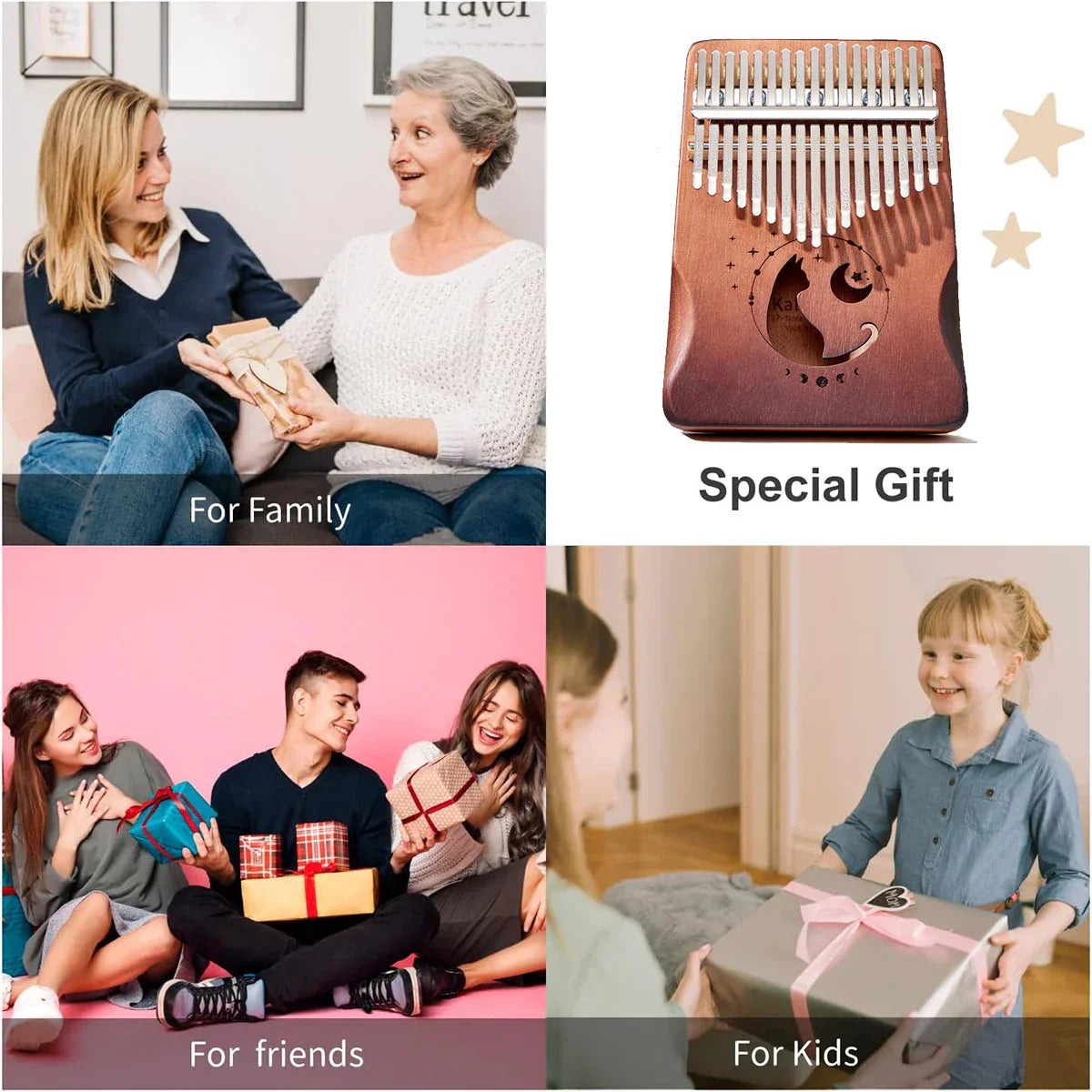 A wooden cat kalimba thumb piano with silver tines carved in mahogany wood for beginner musical instrument use