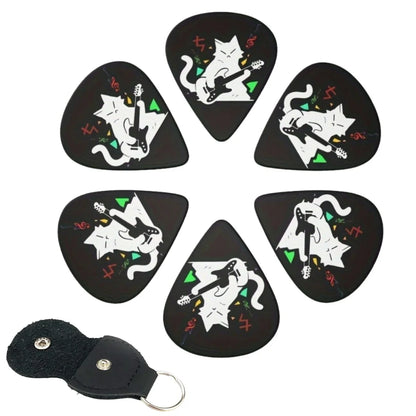 Set of six black original sound guitar picks double-sided printed with white cartoon cats and a black keychain holster