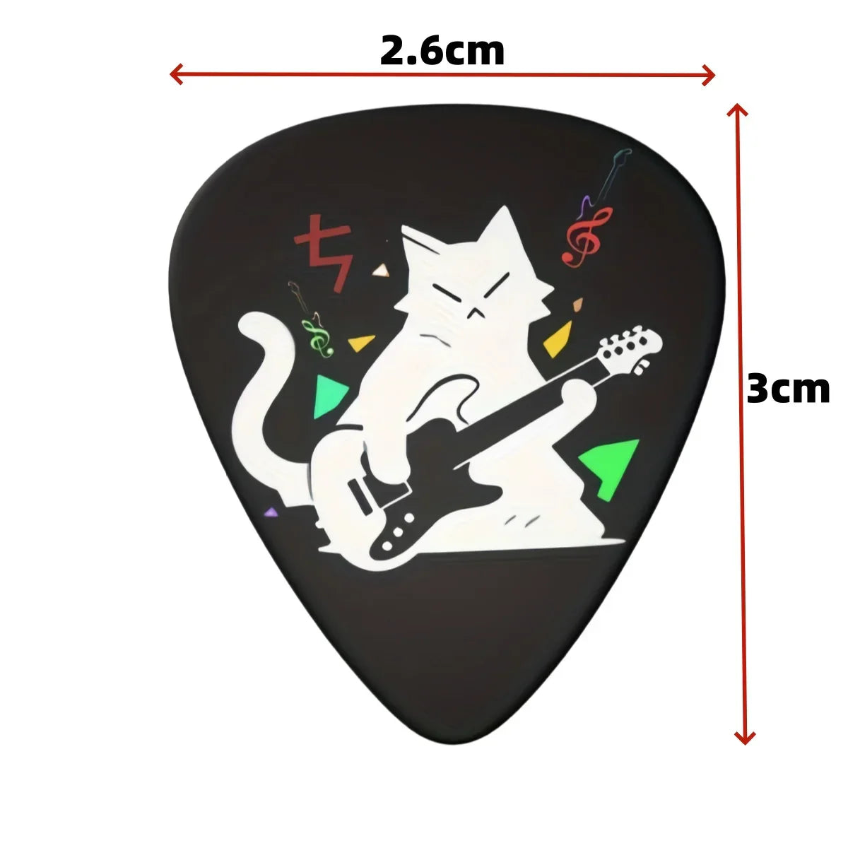 Black original sound guitar pick with white cartoon cat and colorful notes featuring double-sided print and keychain holster