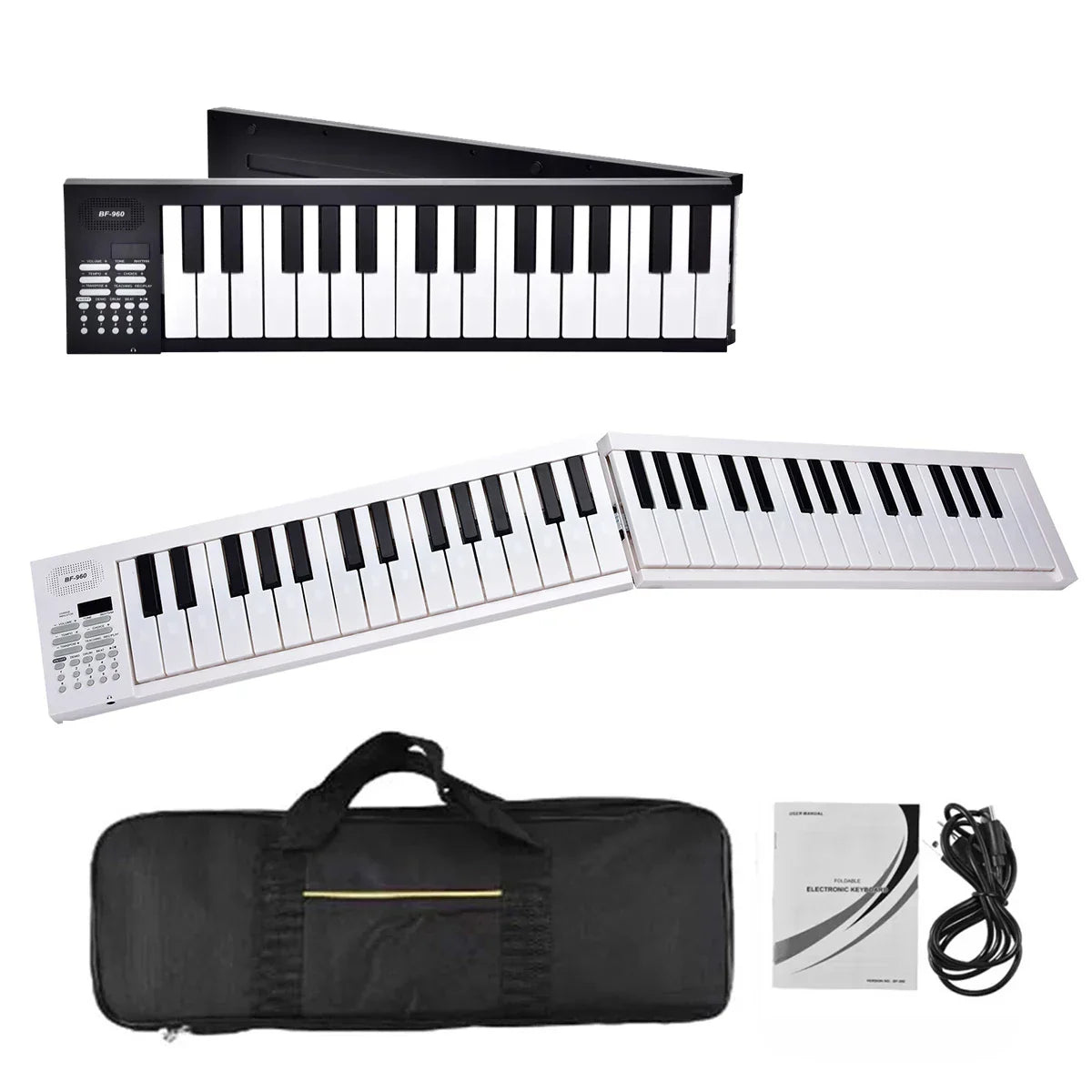 Black and white 61-key portable folding electronic piano keyboard with tones and 100 rhythms built-in shown folded and unfolded