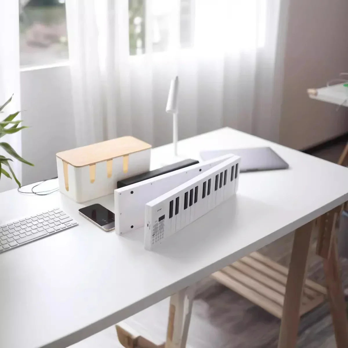 Miwayer white 61-key portable folding electronic piano keyboard with black keys tones and 100 rhythms built-in