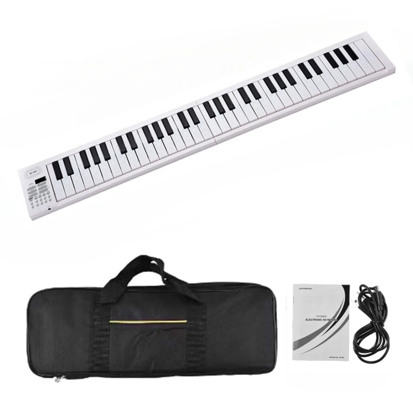 White 61-key portable folding electronic piano keyboard with black and white keys tones and 100 rhythms built-in