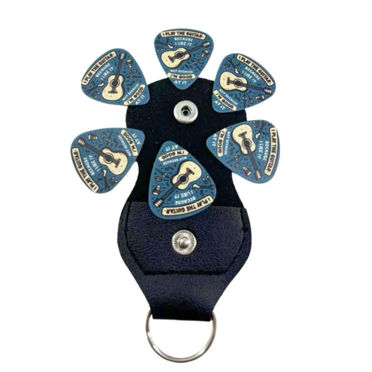 Blue guitar pick holder keychain holster with six brightly colored patterns thickness original sound picks in black faux leather