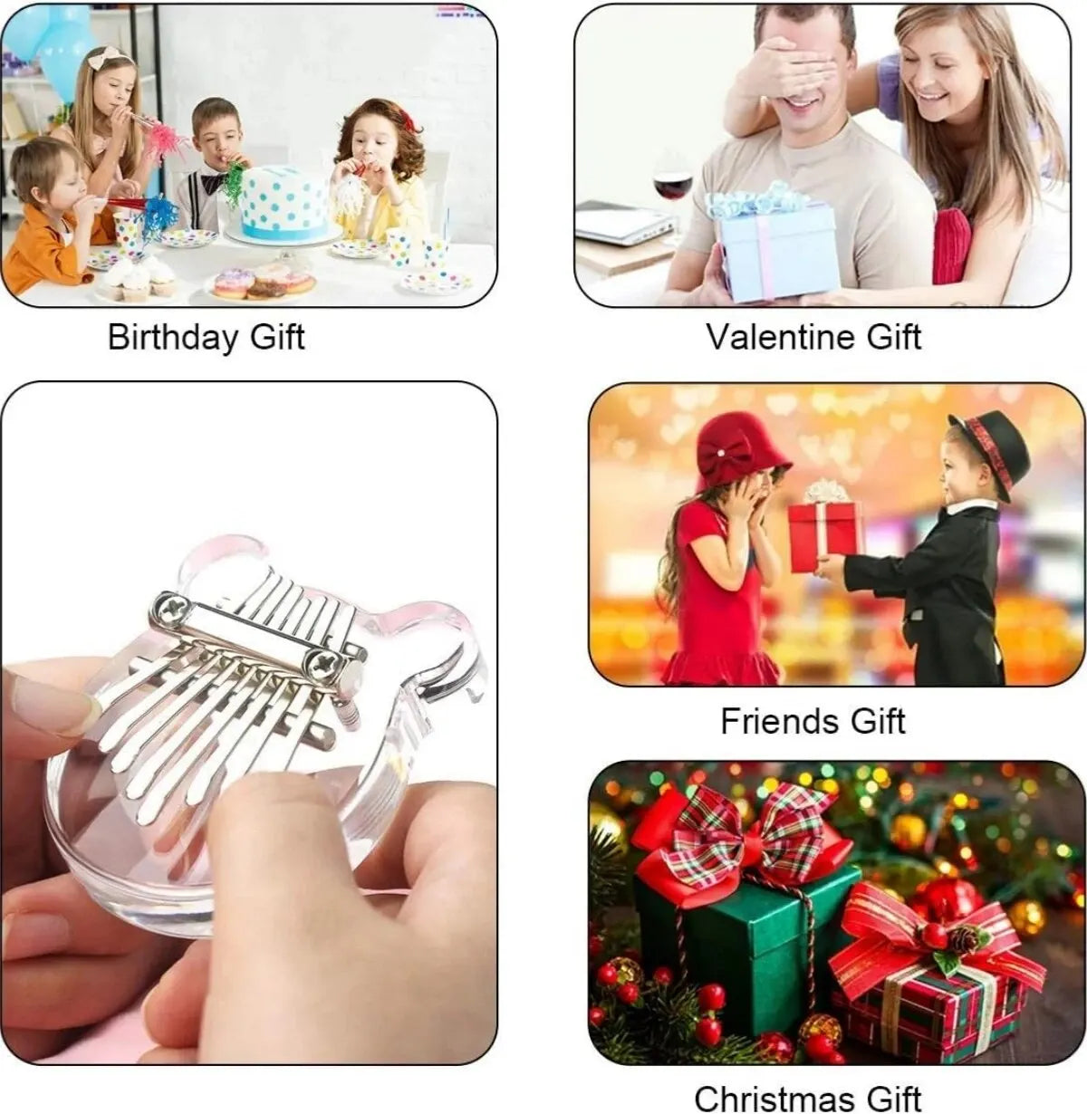 Clear plastic acrylic thumb piano with silver keys and decorative clip in miwayer 8 keys mini kalimba rainbow design