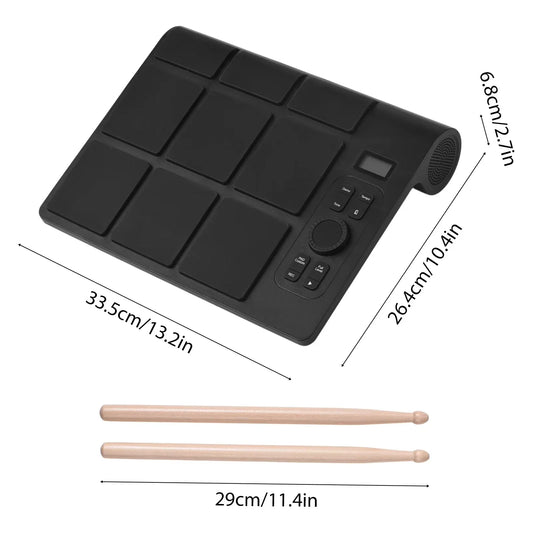 Black miwayer 9-pad electronic drum set with built-in speaker control buttons and wooden drumsticks for practice