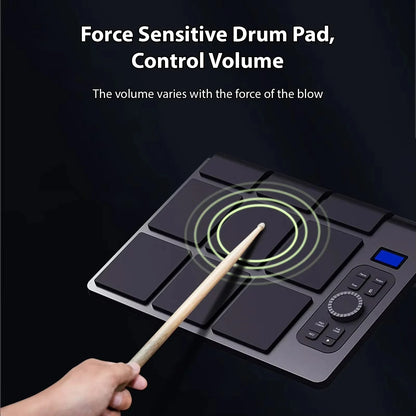 Black miwayer electronic drum pad with wooden drumstick control buttons blue display for portable drum set kit