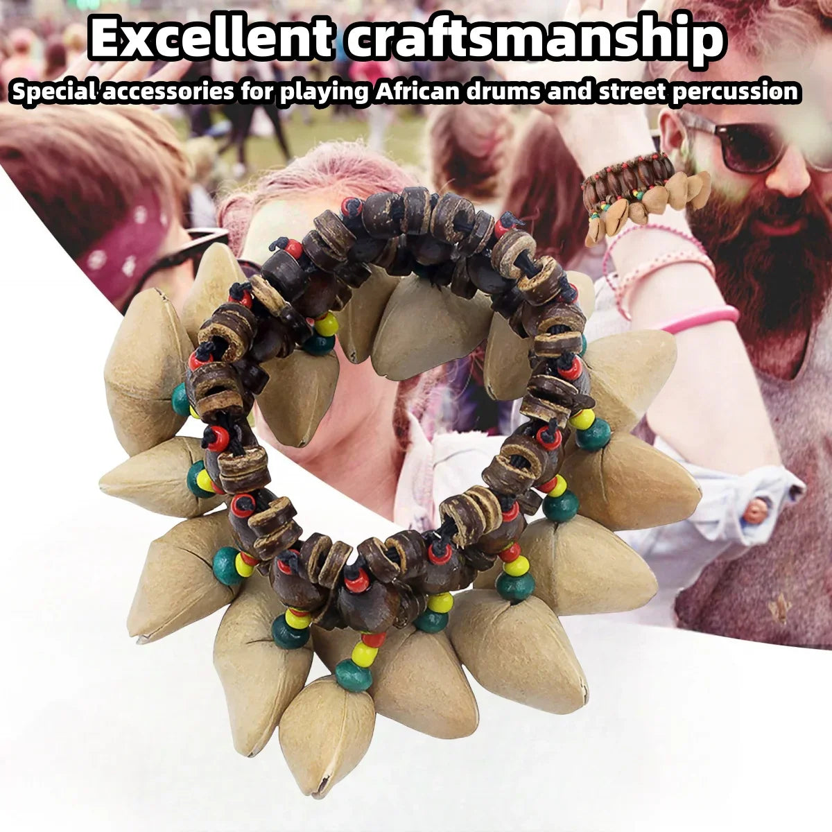 Handcrafted miwayer african nut bell bracelet tribal style with dark brown wooden beads and red yellow green accents for djembe african drum