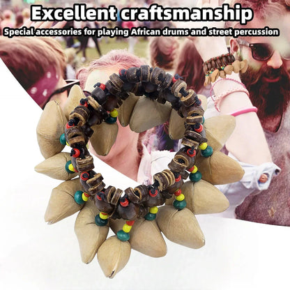 Handcrafted miwayer african nut bell bracelet tribal style with dark brown wooden beads and red yellow green accents for djembe african drum