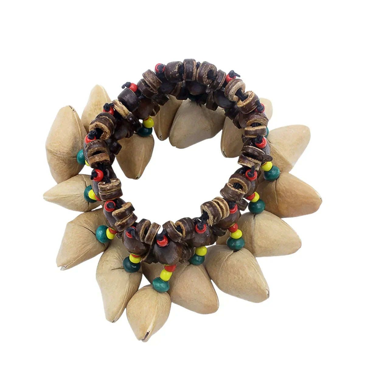 Miwayer african nut handcrafted bell bracelet tribal style with dark brown wooden beads and red yellow green accents for djembe african drum