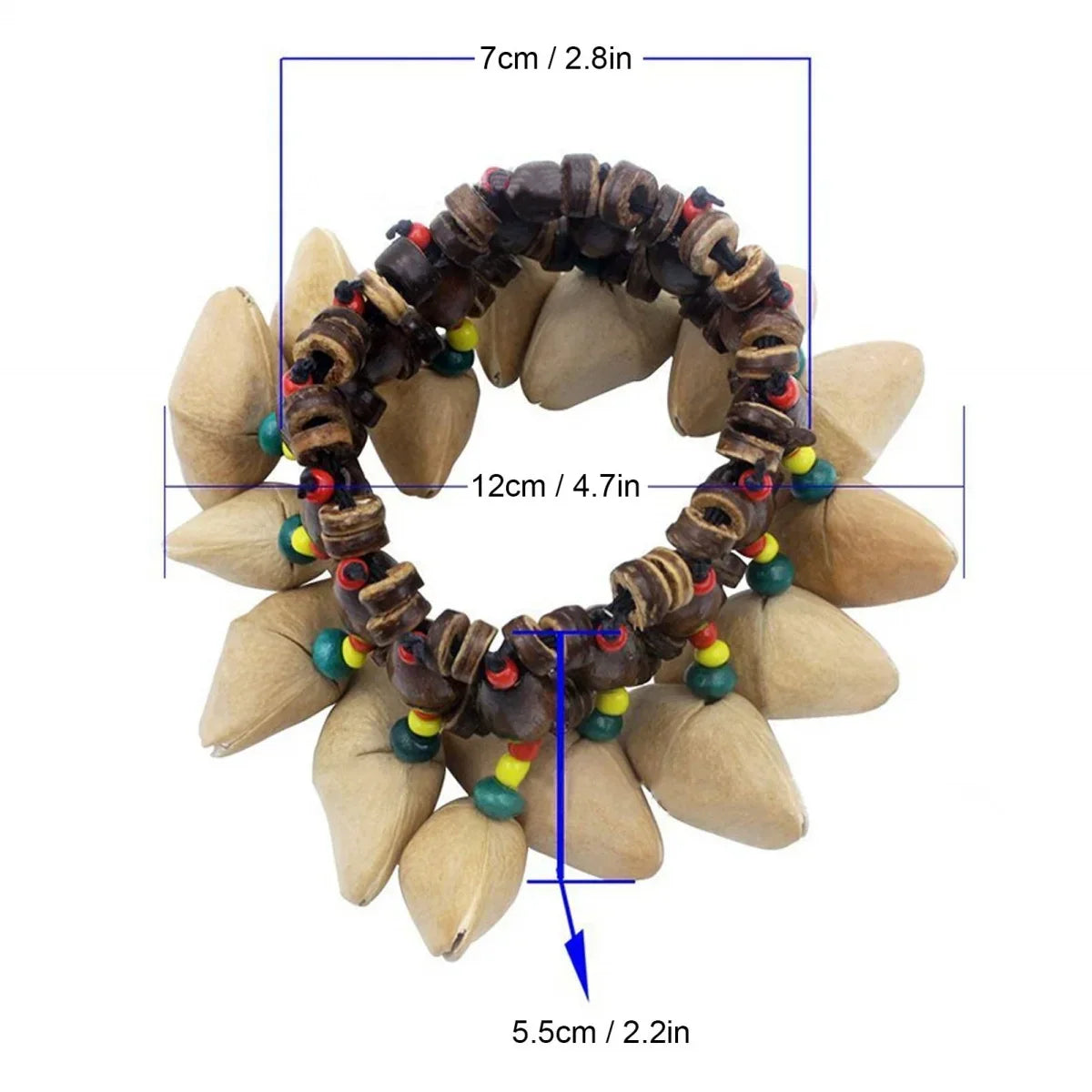 A rustic wooden miwayer african nut bell bracelet tribal style with dark brown beads and colorful glass accents for djembe african drum