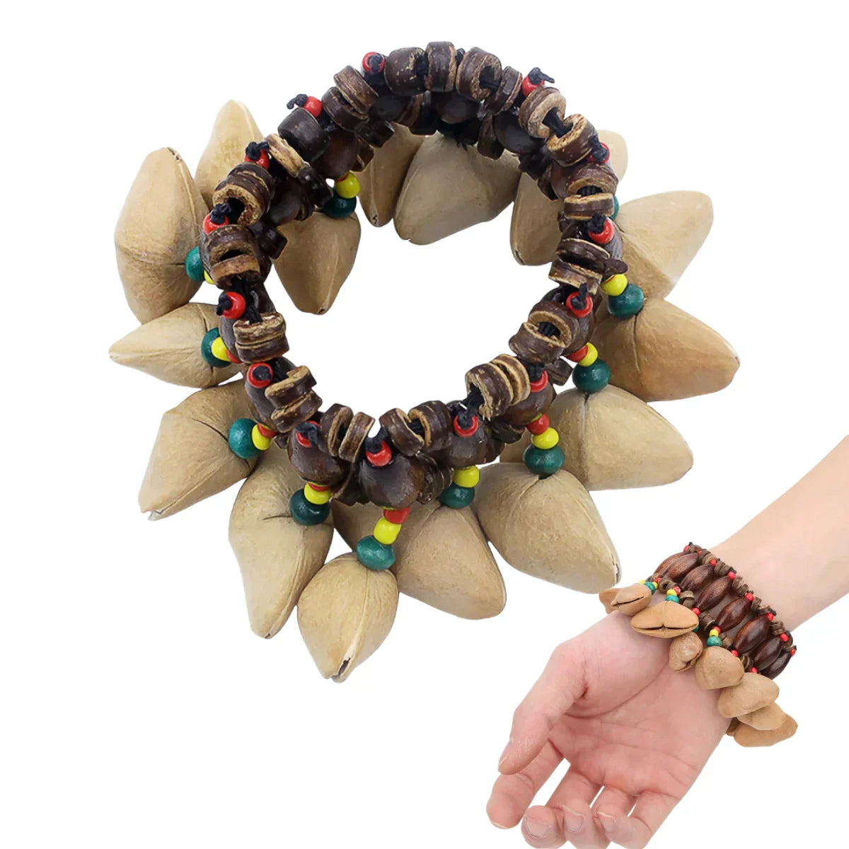 Rustic miwayer african nut bell bracelet tribal featuring dark brown wooden beads with red green and yellow accents for djembe african drum