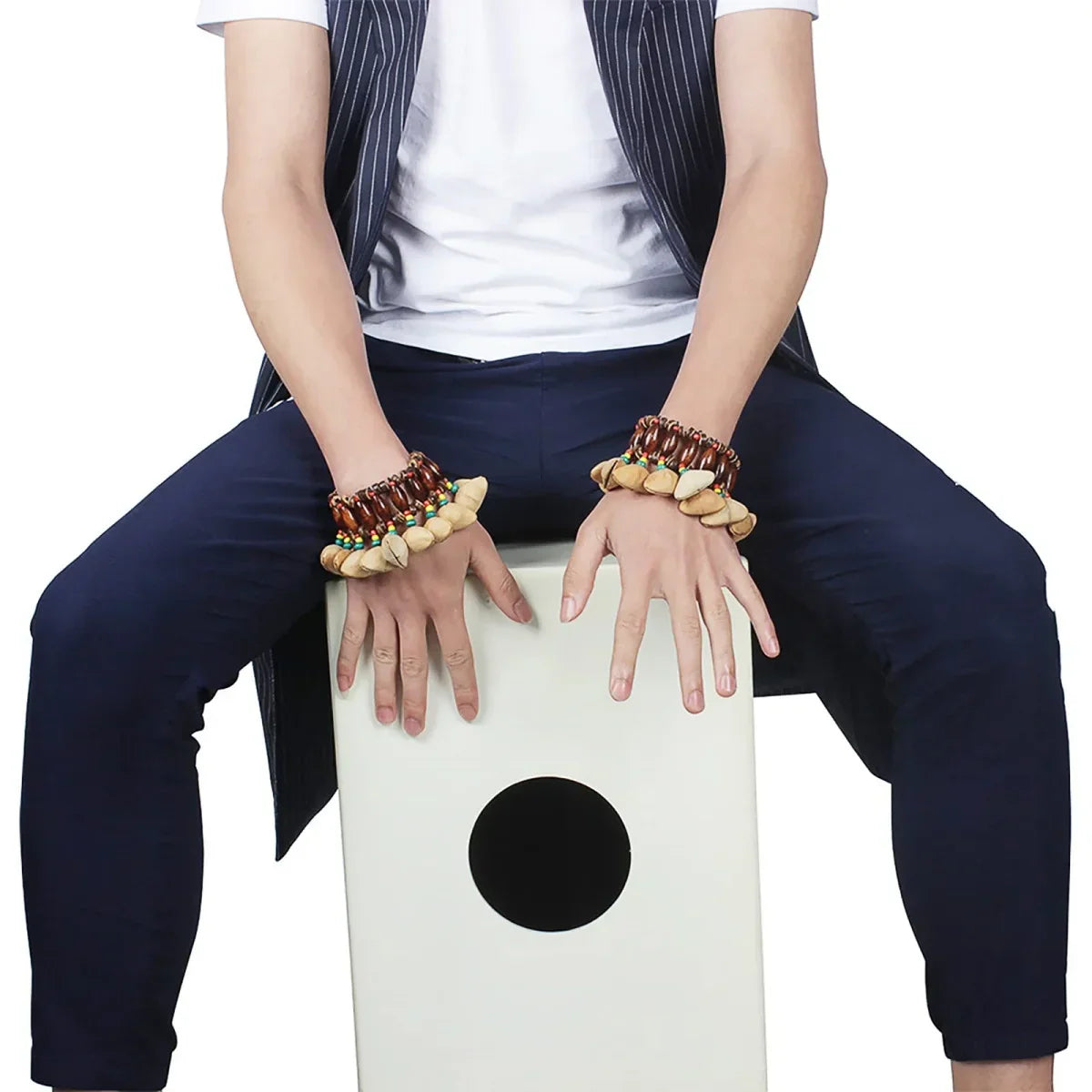 White wooden box drum with black sound hole for djembe african drum and miwayer african nut bell bracelet tribal use