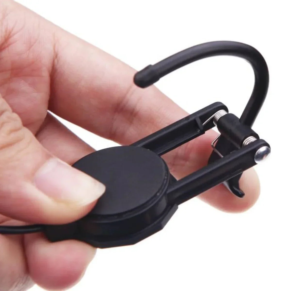 Black plastic hook clip with metallic spring and circular base durable string instrument accessory for acoustic guitar violin