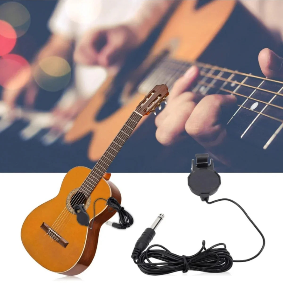 A sleek black miwayer clip-on pickup with coiled cable for acoustic guitar violin string instrument accessory