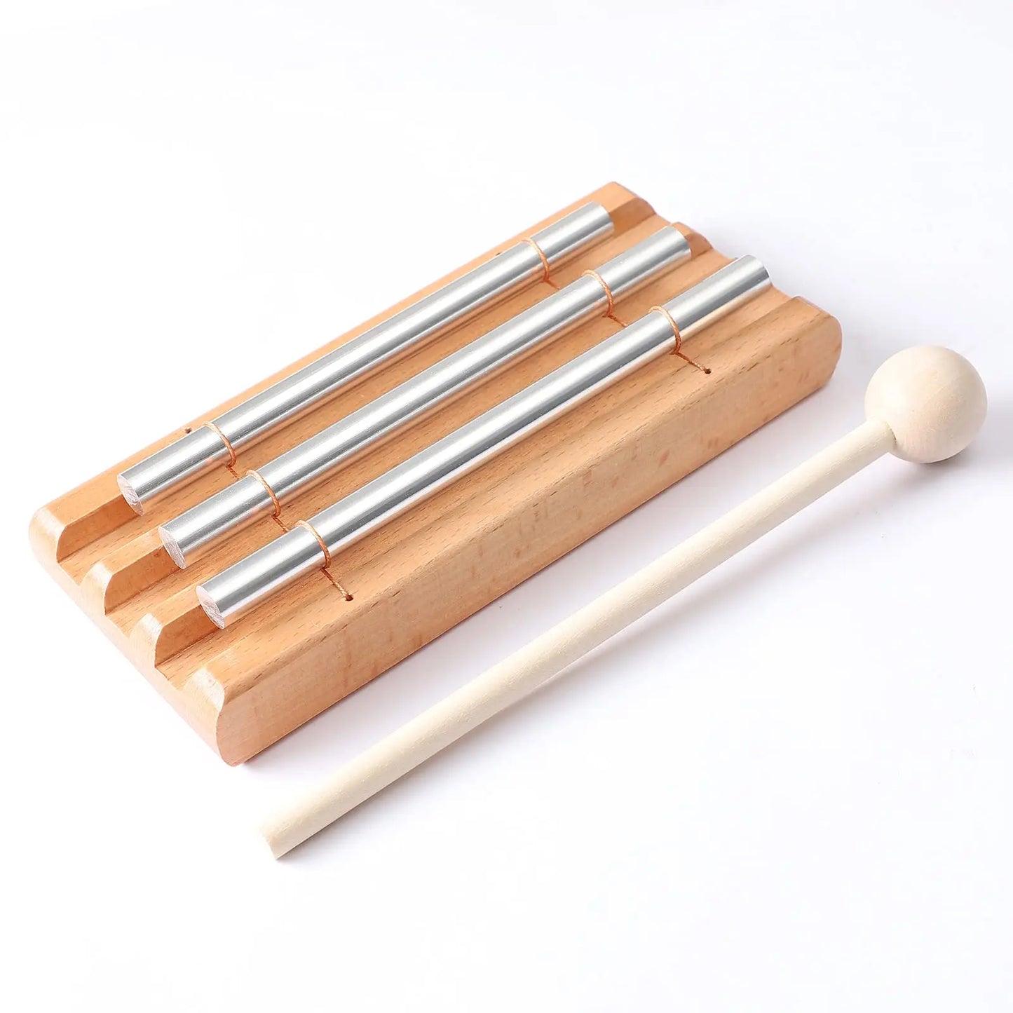 Set of three silver-toned metal bell meditation chimes with light wood holder and mallet for teacher and energy chimes music use