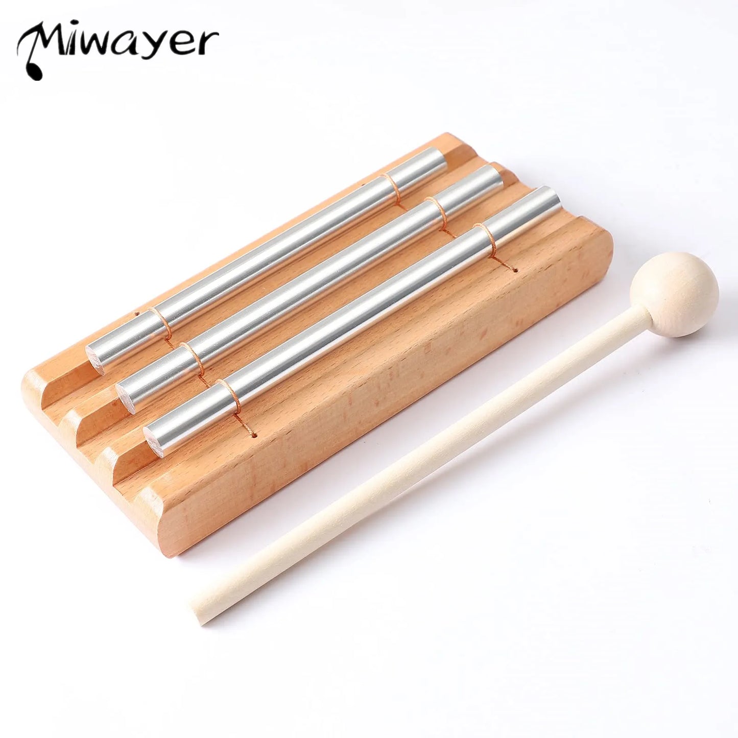 Miwayer wooden-mounted set of three silver-toned metal energy chimes music with light wood mallet for meditation use