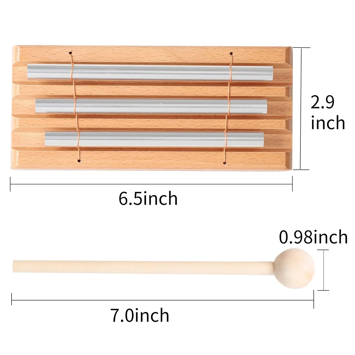 A wooden-framed miwayer energy chime with three silver metal tubes and a wooden mallet for bell meditation chimes and teacher use