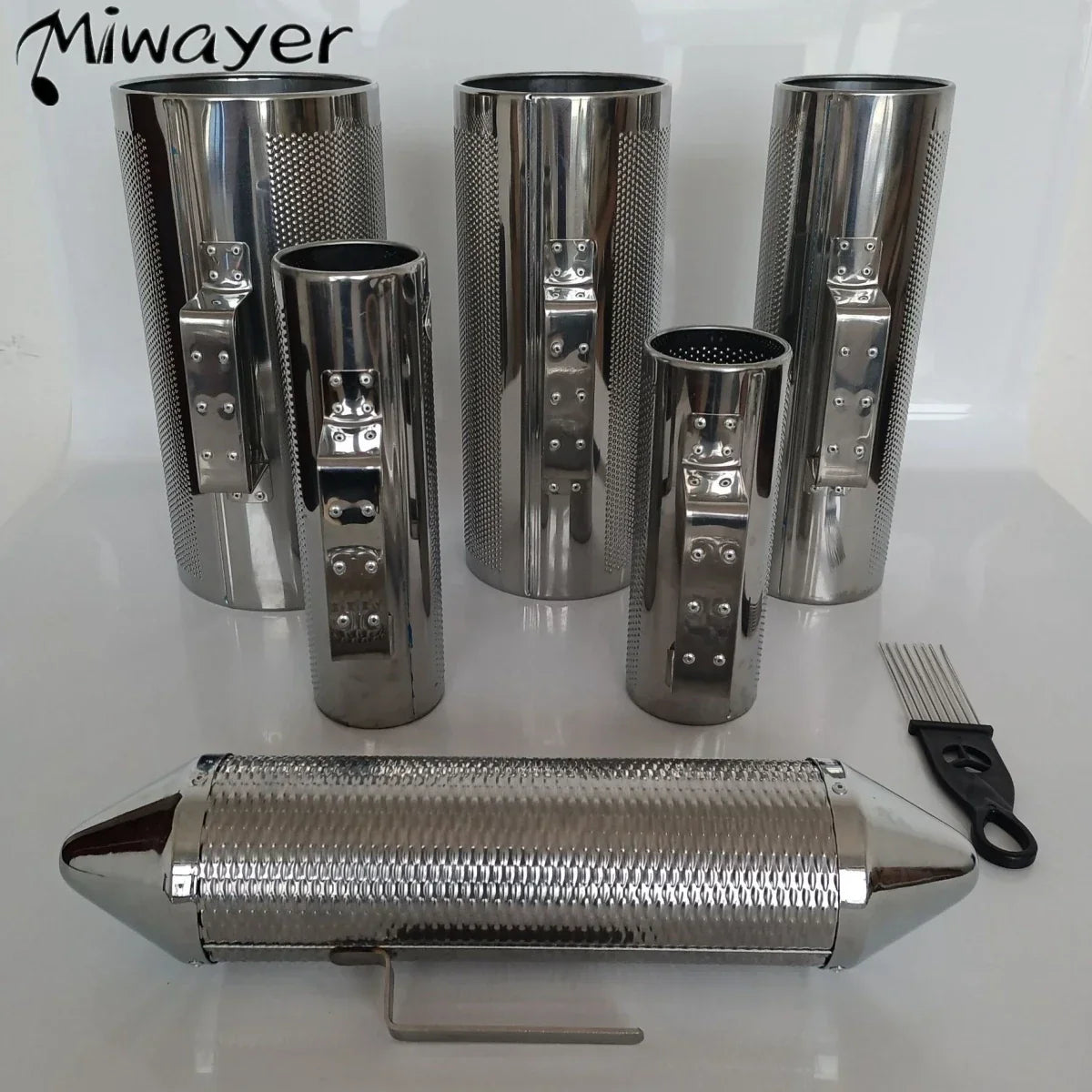 Set of five chrome-finished miwayer guira stainless steel percussion guiro instruments from puerto rico with scraper tool