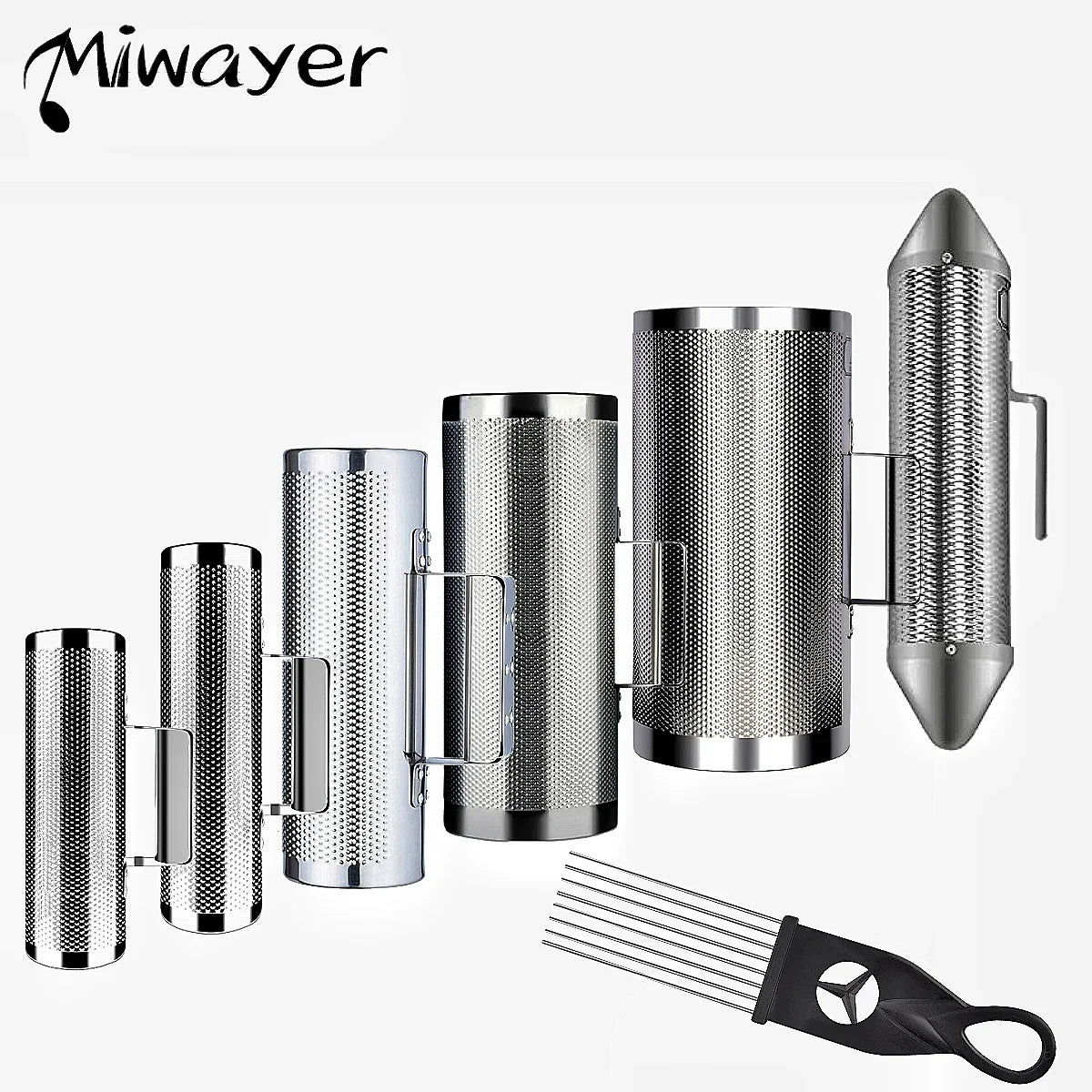 Set of five silver-toned stainless steel miwayer guira percussion guiro instrument with black handles and tuning fork puerto rico