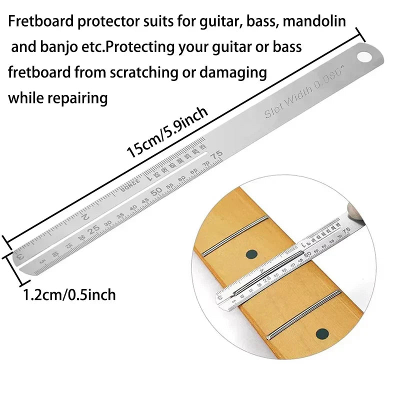 Silver metal fretboard protector with ruler design and slot for precise placement in miwayer guitar cleaning tools