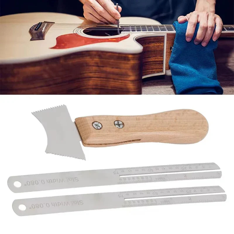 Wooden-handled metal miwayer guitar cleaning file with serrated blade and rulers for slotting hole fret maintenance