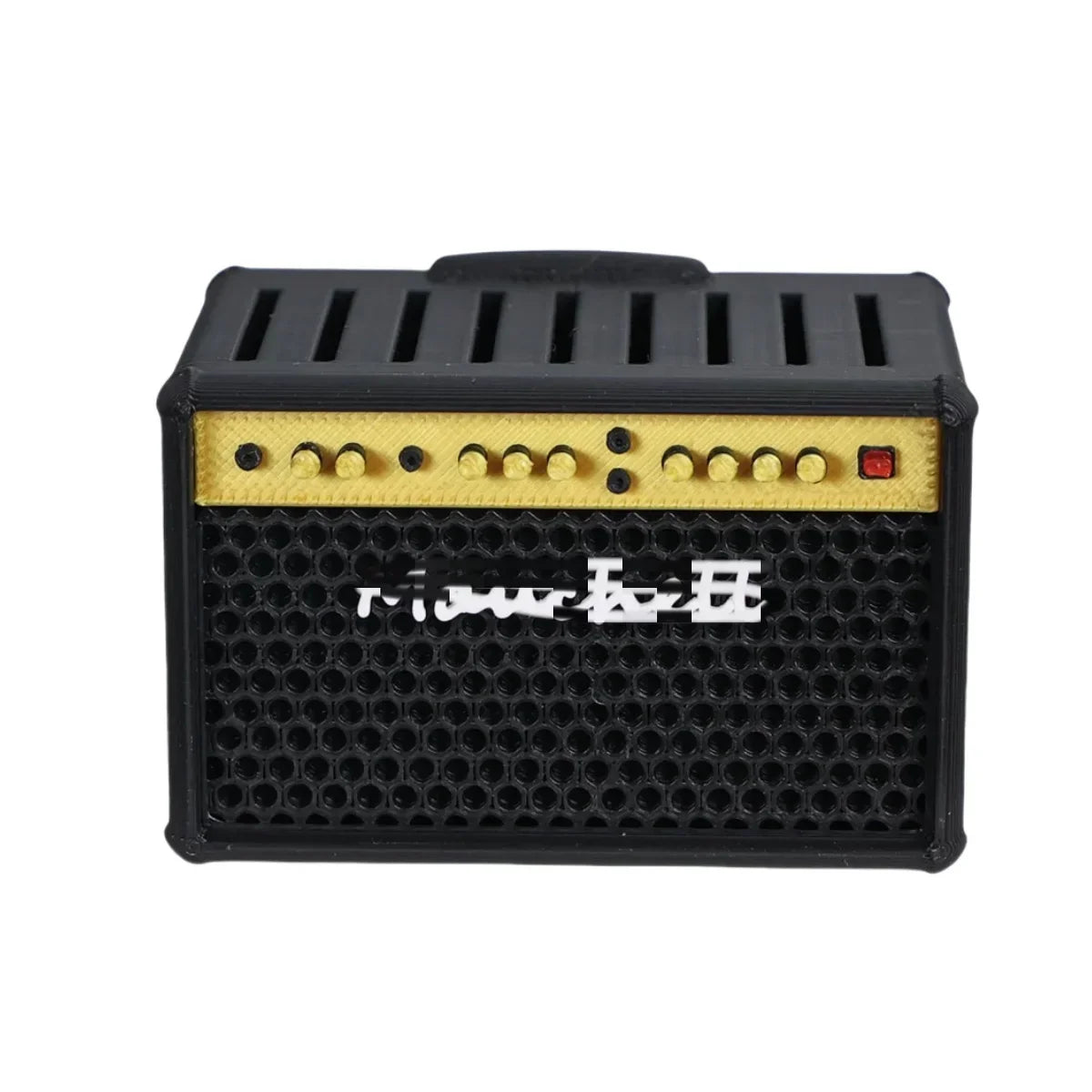 Black and gold miwayer guitar picks holder box styled as an amp speaker with honeycomb grille and silver logo knob details