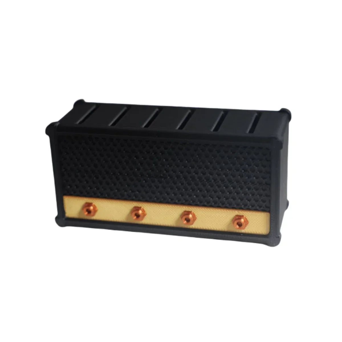 Black Miwayer guitar picks holder box with perforated grille and gold trim featuring copper-toned amp speaker styled knobs