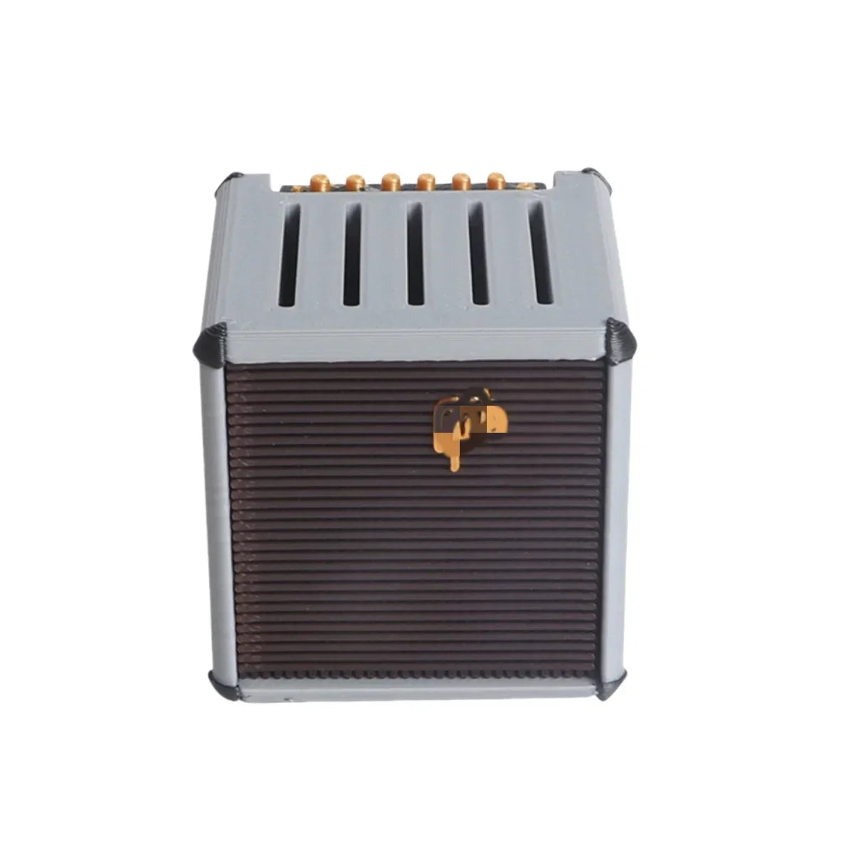 Gray and brown miwayer guitar picks holder box with gold latch and amp speaker styled design for pick storage