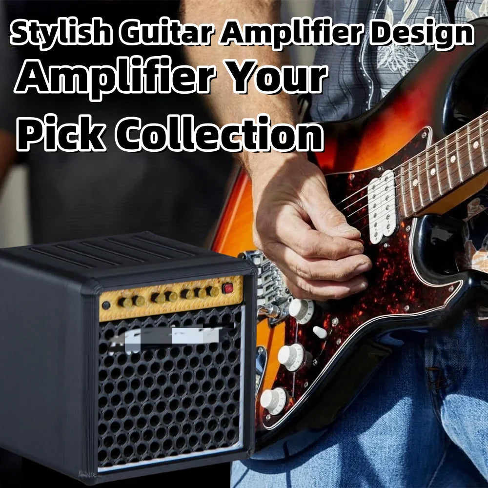 Black miwayer guitar picks holder box with gold control panel and amp speaker styled circular grille for pick storage