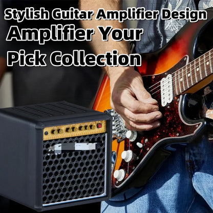 Black miwayer guitar picks holder box with gold control panel and amp speaker styled circular grille for pick storage