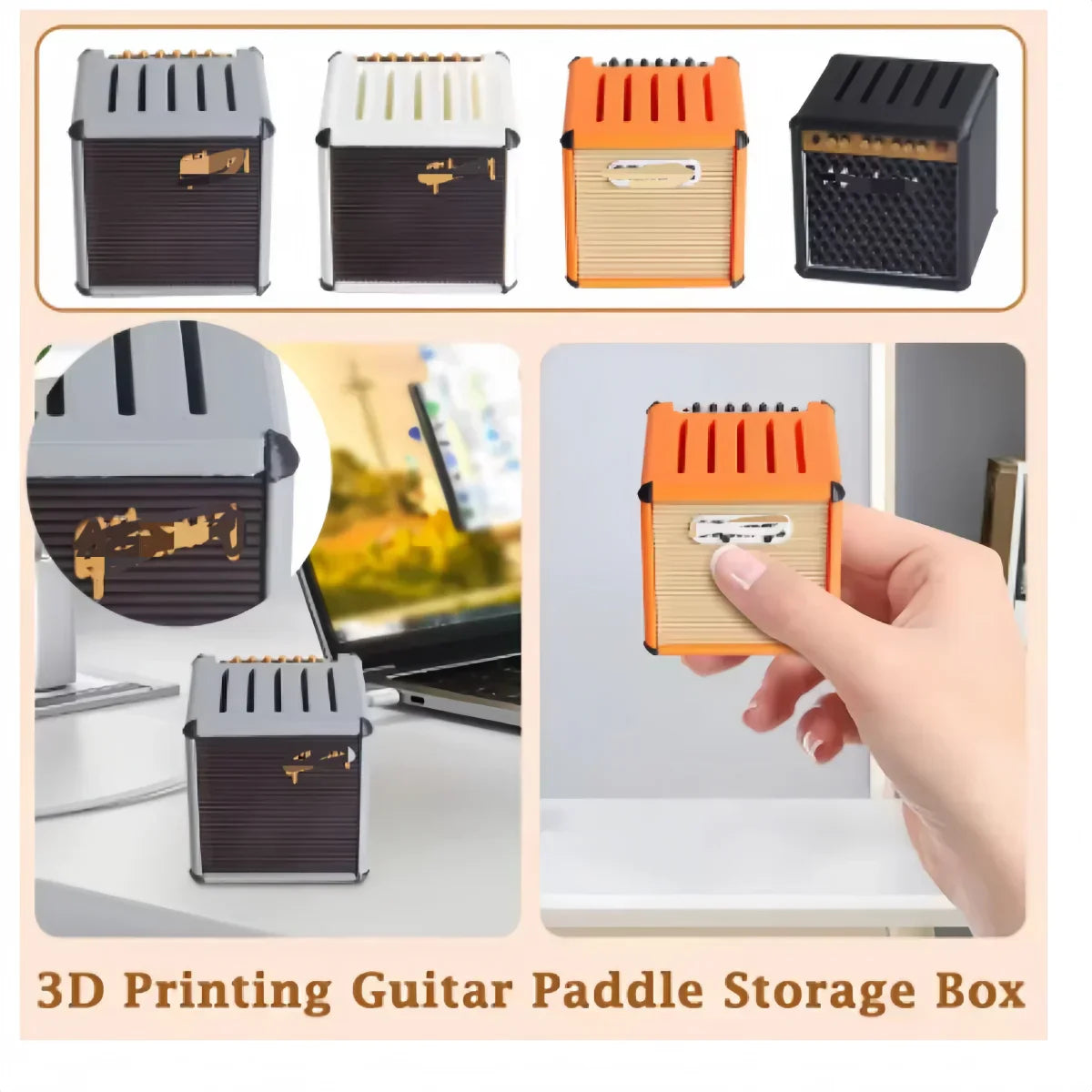 Orange and beige miwayer guitar picks holder box with faux wood grain finish amp speaker styled storage box