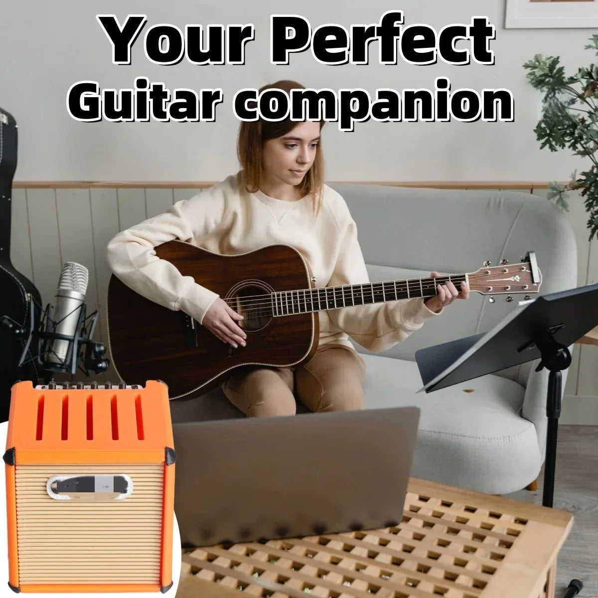 Orange and beige miwayer guitar picks amp speaker styled portable amplifier with vertical slats and silver handle