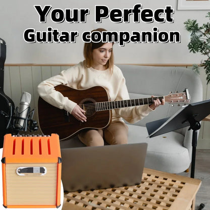 Orange and beige miwayer guitar picks amp speaker styled portable amplifier with vertical slats and silver handle