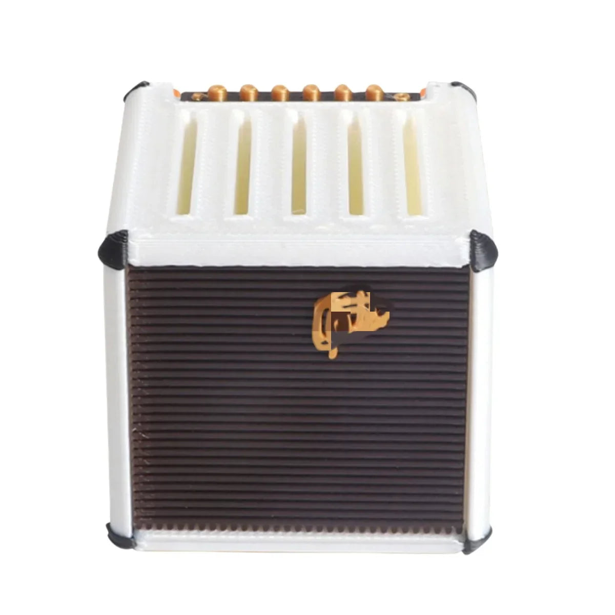 White and brown miwayer guitar picks holder box styled as an amp speaker with gold logo and control knobs for storage