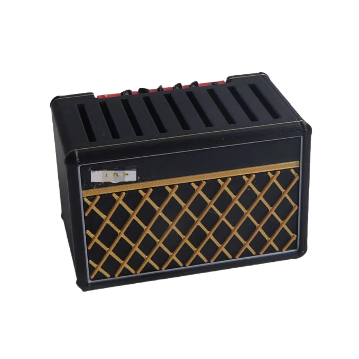 Black miniature guitar amplifier with gold lattice grille and red knobs shown with miwayer guitar picks holder personalized guitar pick display box
