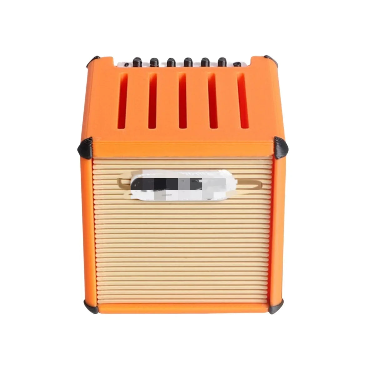 Orange portable guitar amplifier with bamboo-style grille and black corner protectors for miwayer guitar picks holder personalized guitar pick display