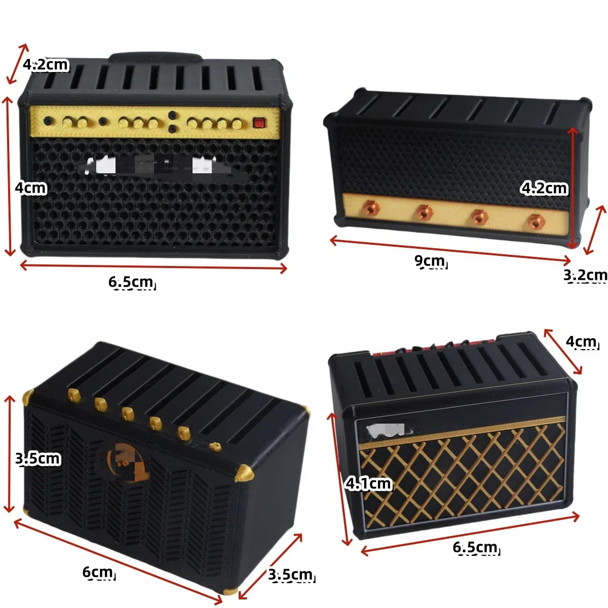 Black miniature guitar amplifier replicas with gold accents and control panels in miwayer guitar picks personalized display box