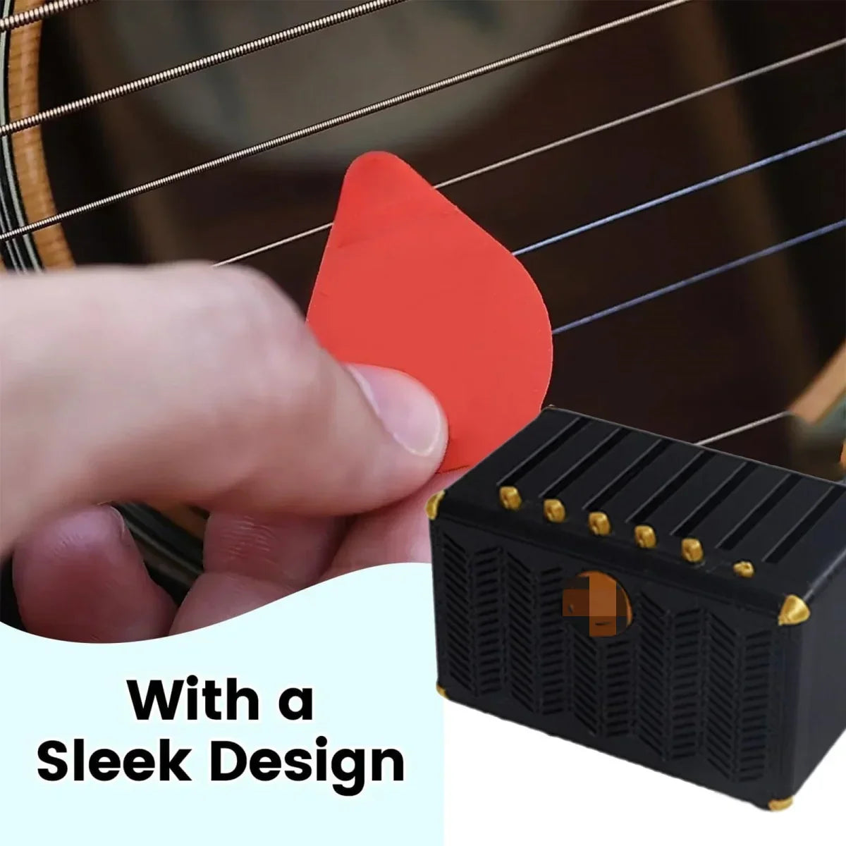 Red plastic miwayer guitar pick held beside black personalized picks holder guitar pick display with gold accents