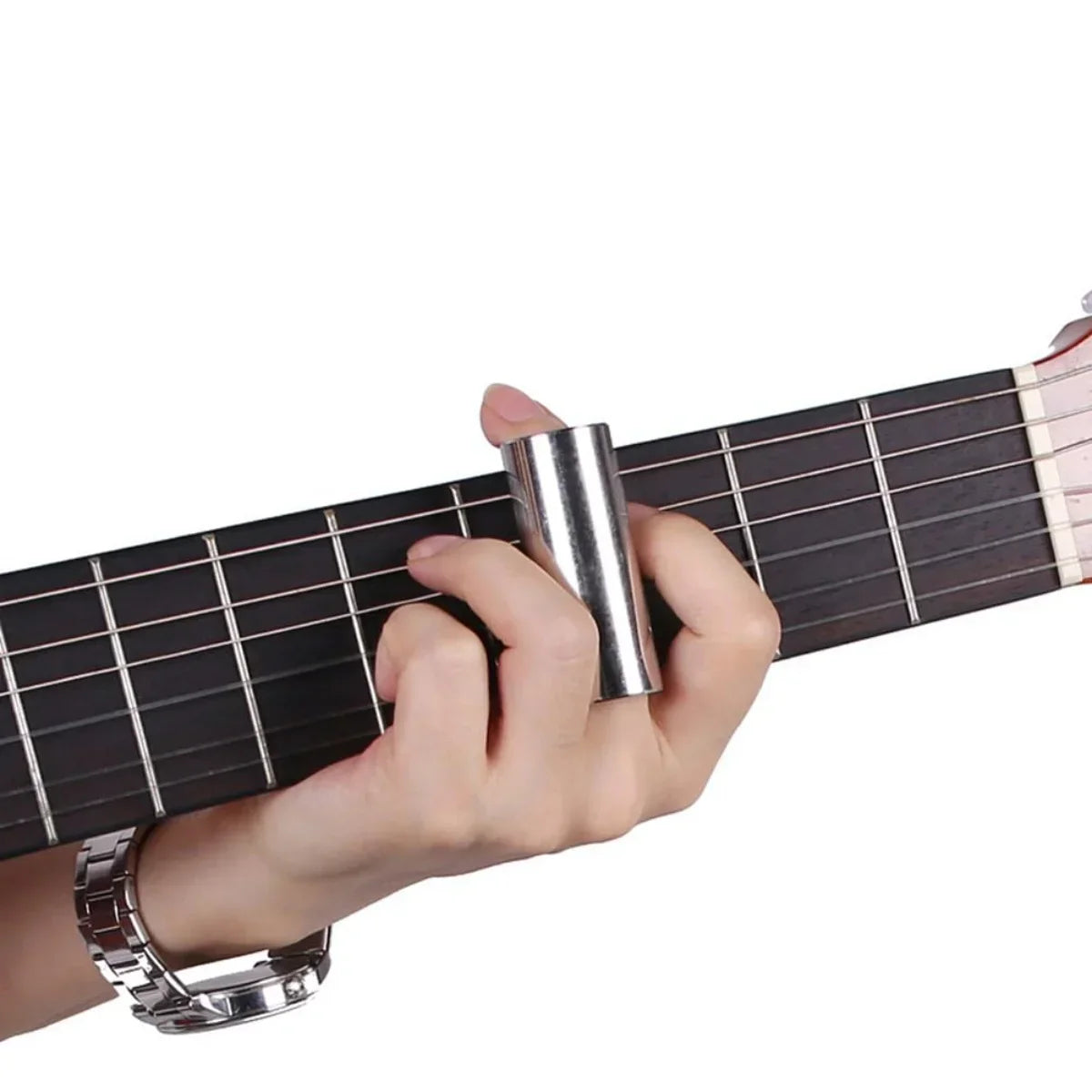 Silver metal guitar capo clamped on fretboard showcasing miwayer guitar slider 60mm for acoustic and bass guitar accesorie