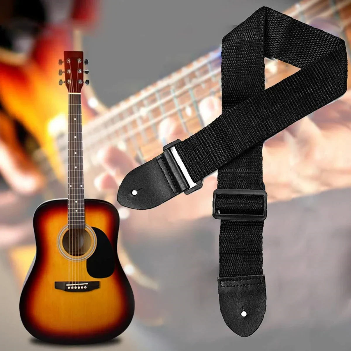 Black woven miwayer guitar strap with leather ends and plastic buckle adjustable cloth shoulder strap for electric guitars music