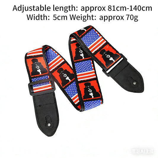Adjustable miwayer guitar strap with red white and blue american flag and kiss silhouettes cloth shoulder strap for electric guitars music