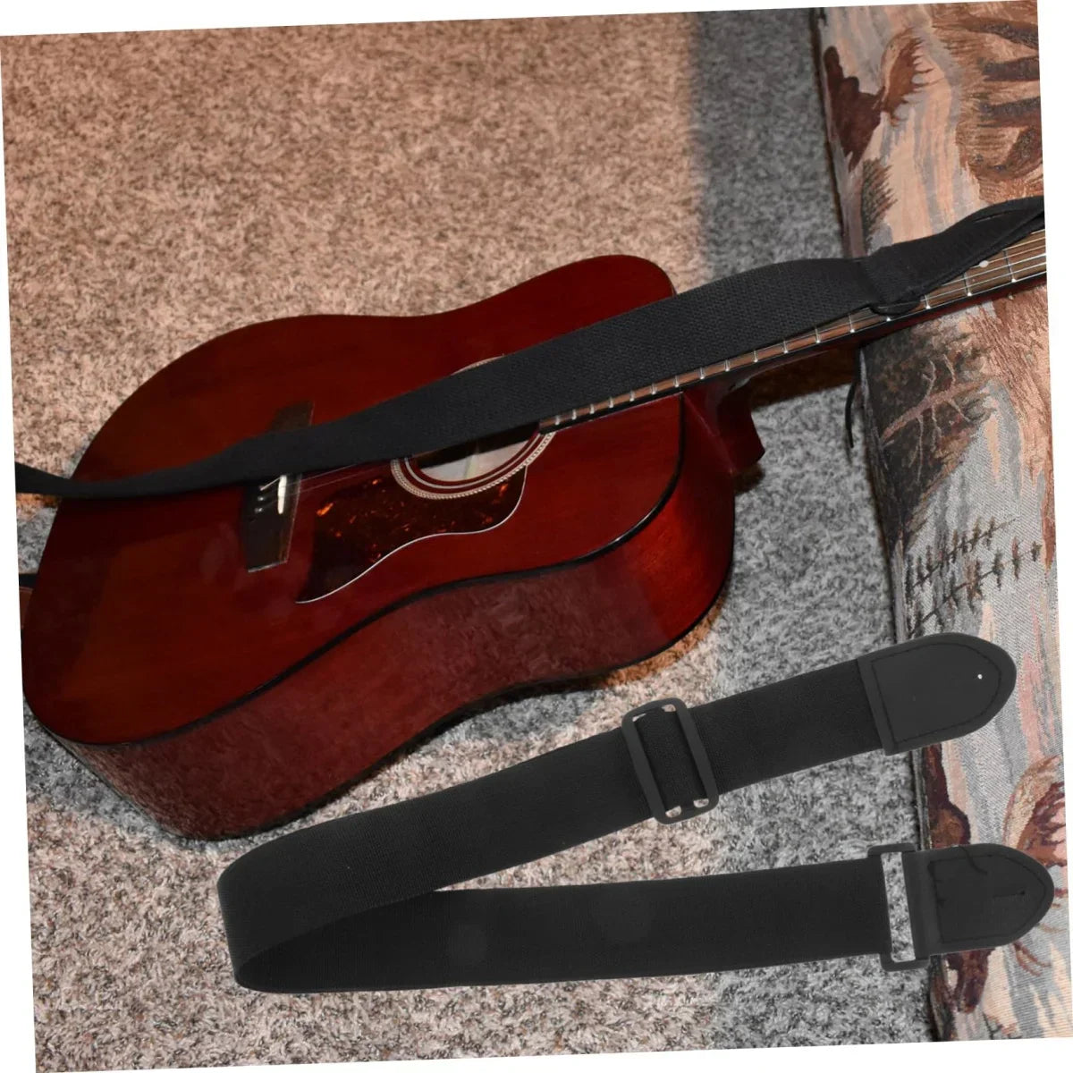 Black miwayer guitar strap cloth shoulder strap with adjustable buckles beside red acoustic guitar for electric guitars music