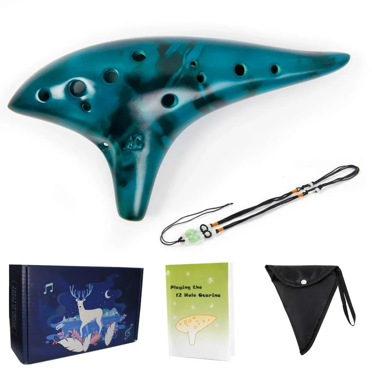 Teal and black marbled ceramic miwayer ocarina12 tones alto c high quality ocarina classic with 12 holes and sleek curved design