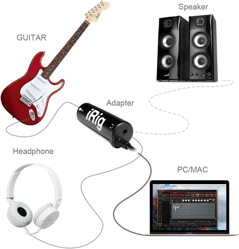 Black cylindrical miwayer portable guitar irig converter with white lettering and 3.5mm jack for inteace guitar tuner use