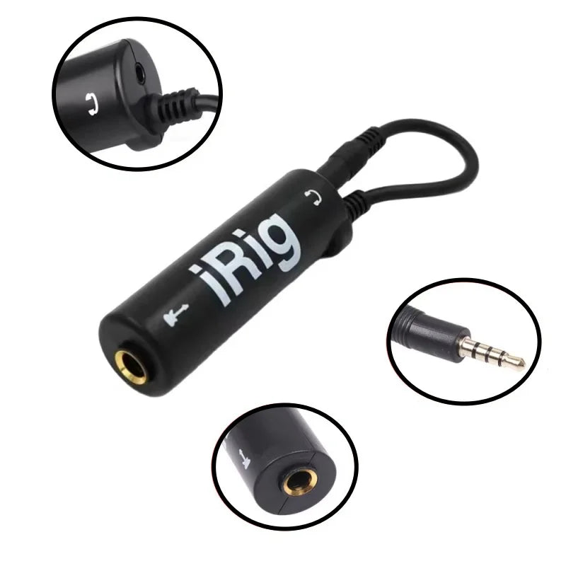 Black miwayer portable guitar irig converter with gold-plated 3.5mm jacks and looped cable for inteace guitar tuner use