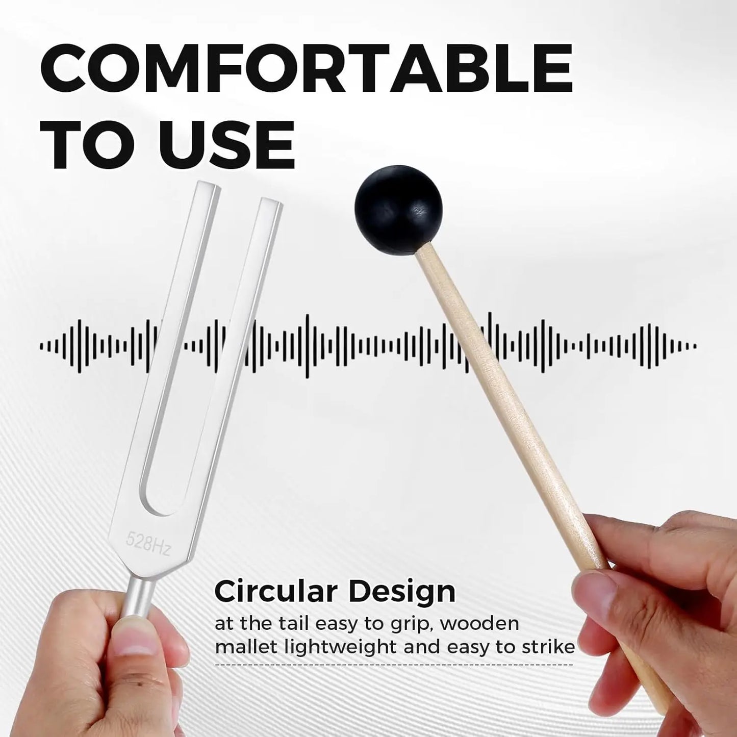 Miwayer tuning fork 528 hz silver with circular tail and silicone hammer wooden mallet for healing musical instrument