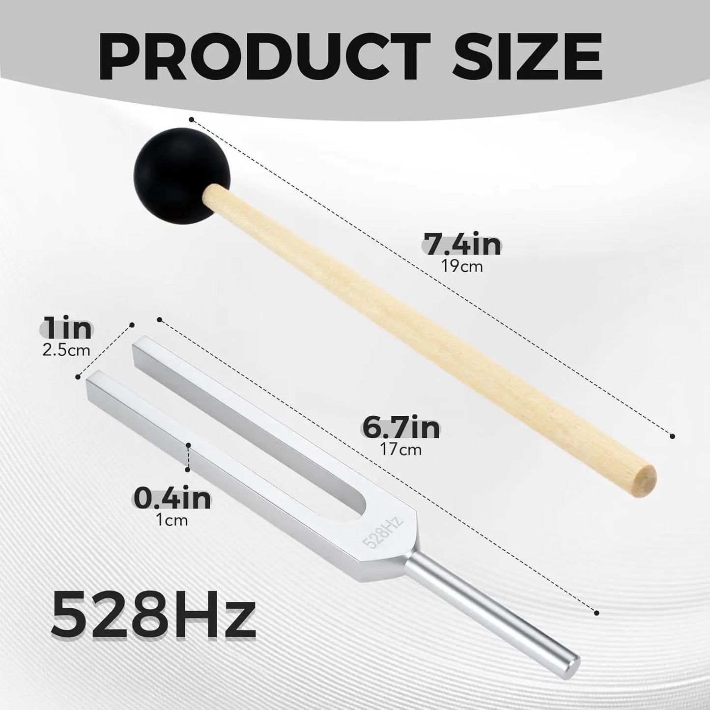 Silver miwayer tuning fork 528 hz with wooden mallet featuring black rubber silicone hammer for healing musical instrument use
