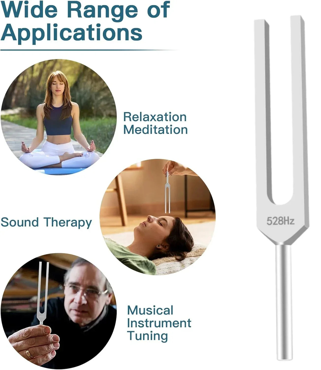 A sleek silver Miwayer tuning fork 528 Hz with polished metallic finish designed as a healing musical instrument