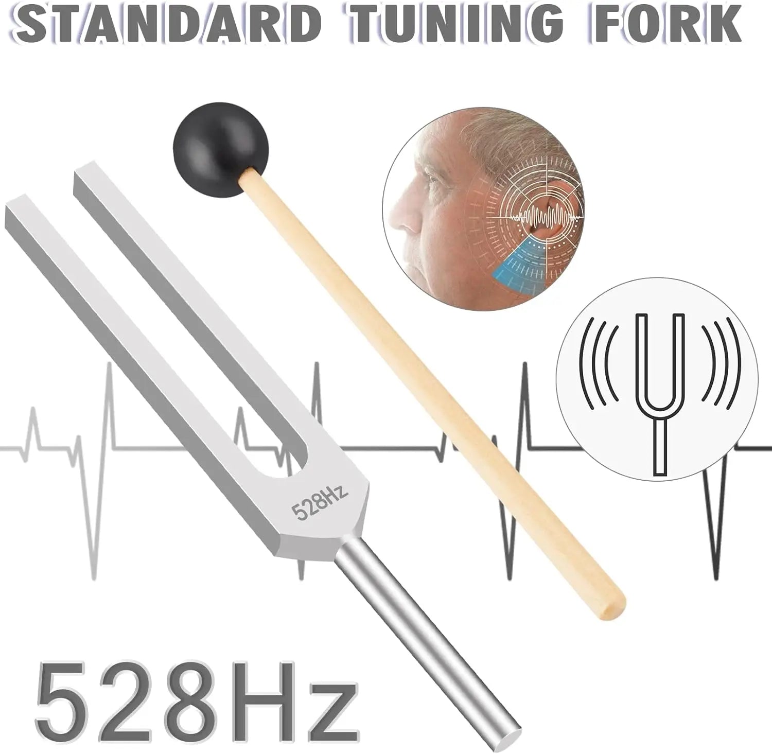 Silver Miwayer tuning fork 528 Hz with black silicone hammer and wooden handle for healing musical instrument use