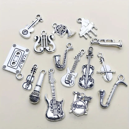 Silver-toned mix 15pcs antique musical instrument charms with guitar piano violin designs for jewelry making